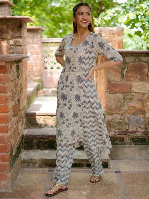 Libas Beige Printed Cotton A-Line Kurta With Palazzos