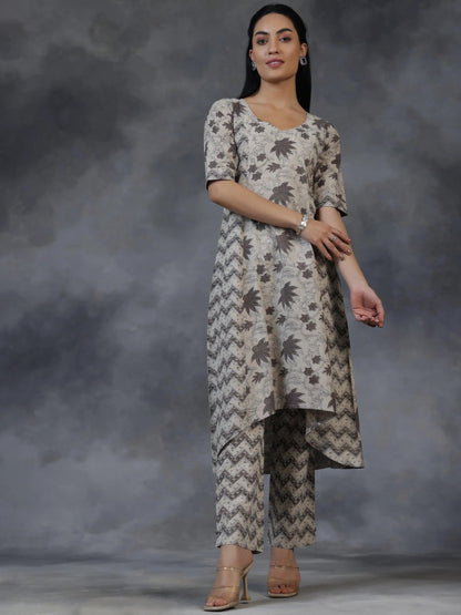 Libas Beige Printed Cotton A-Line Kurta With Palazzos