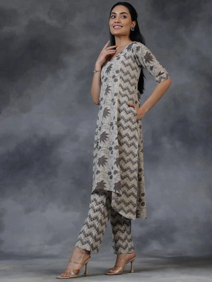 Libas Beige Printed Cotton A-Line Kurta With Palazzos