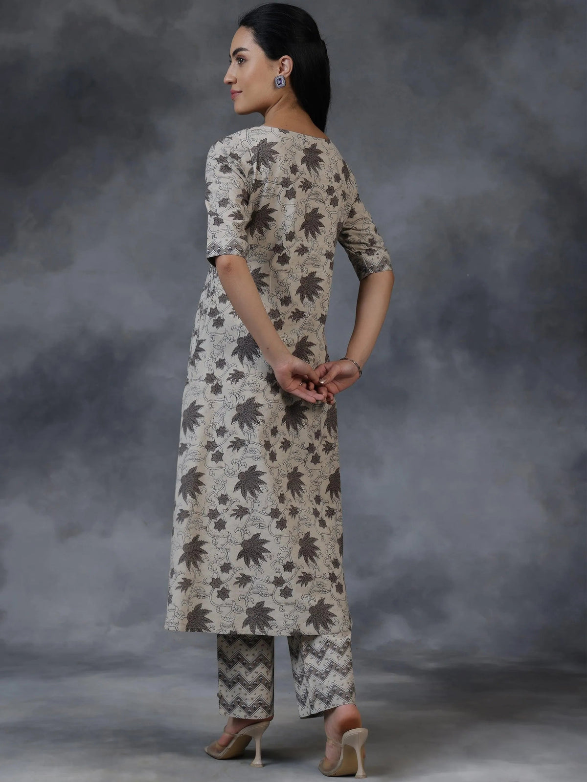 Libas Beige Printed Cotton A-Line Kurta With Palazzos