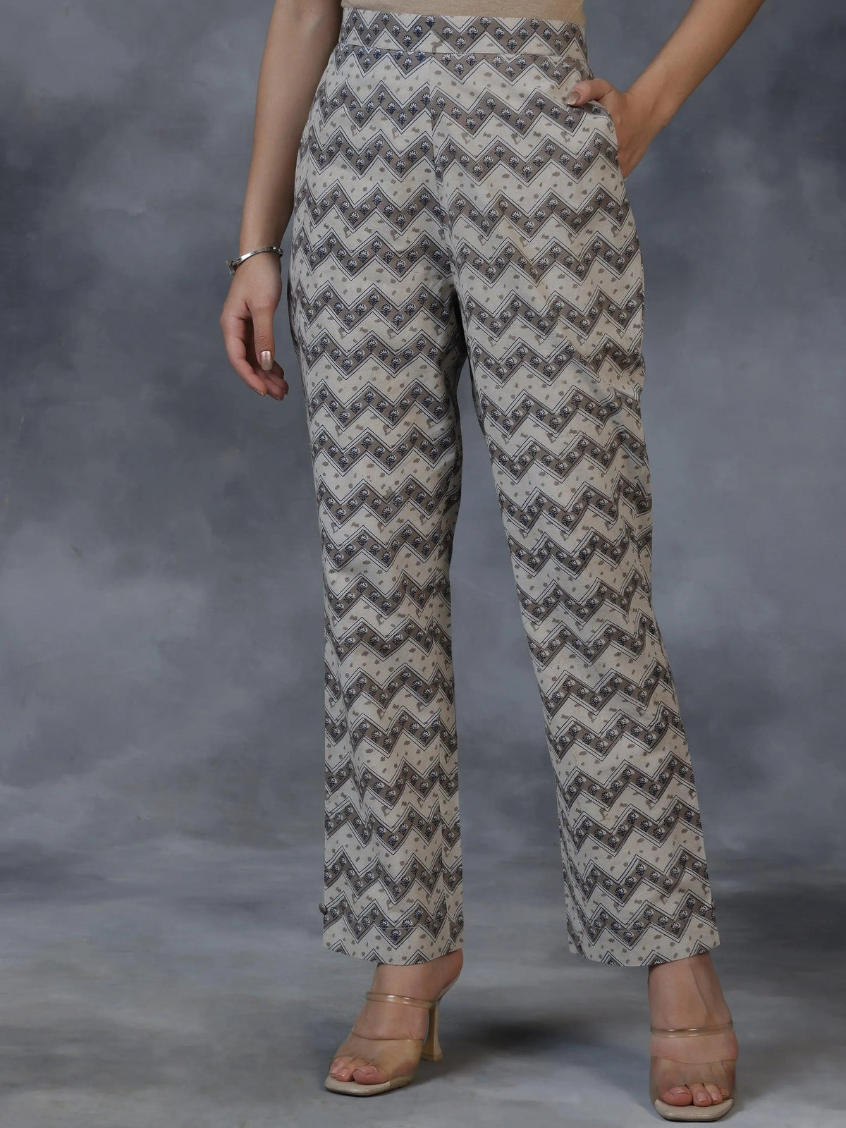 Libas Beige Printed Cotton A-Line Kurta With Palazzos