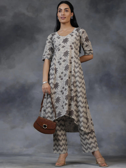 Libas Beige Printed Cotton A-Line Kurta With Palazzos
