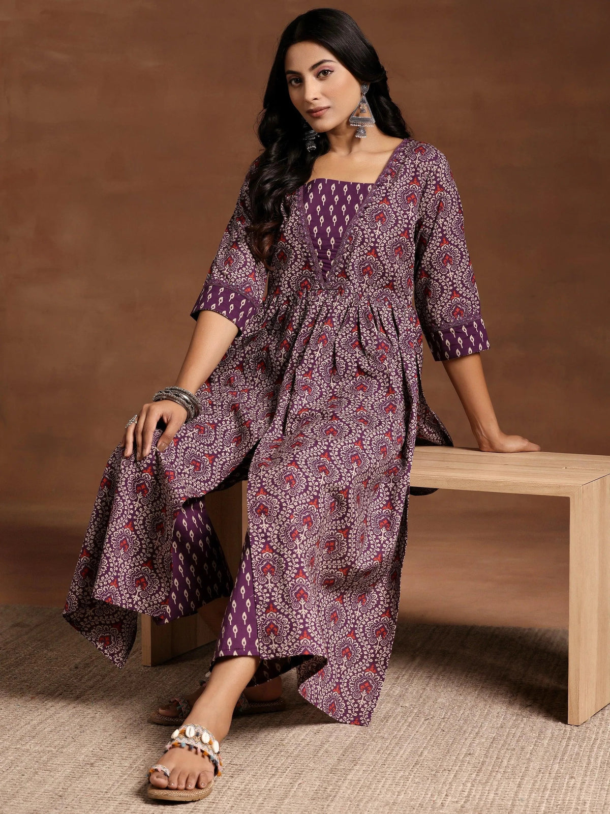 Libas Purple Printed Cotton A-Line Kurta With Palazzos