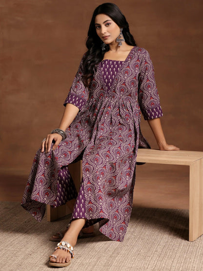 Libas Purple Printed Cotton A-Line Kurta With Palazzos
