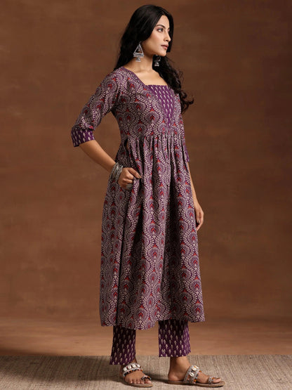 Libas Purple Printed Cotton A-Line Kurta With Palazzos