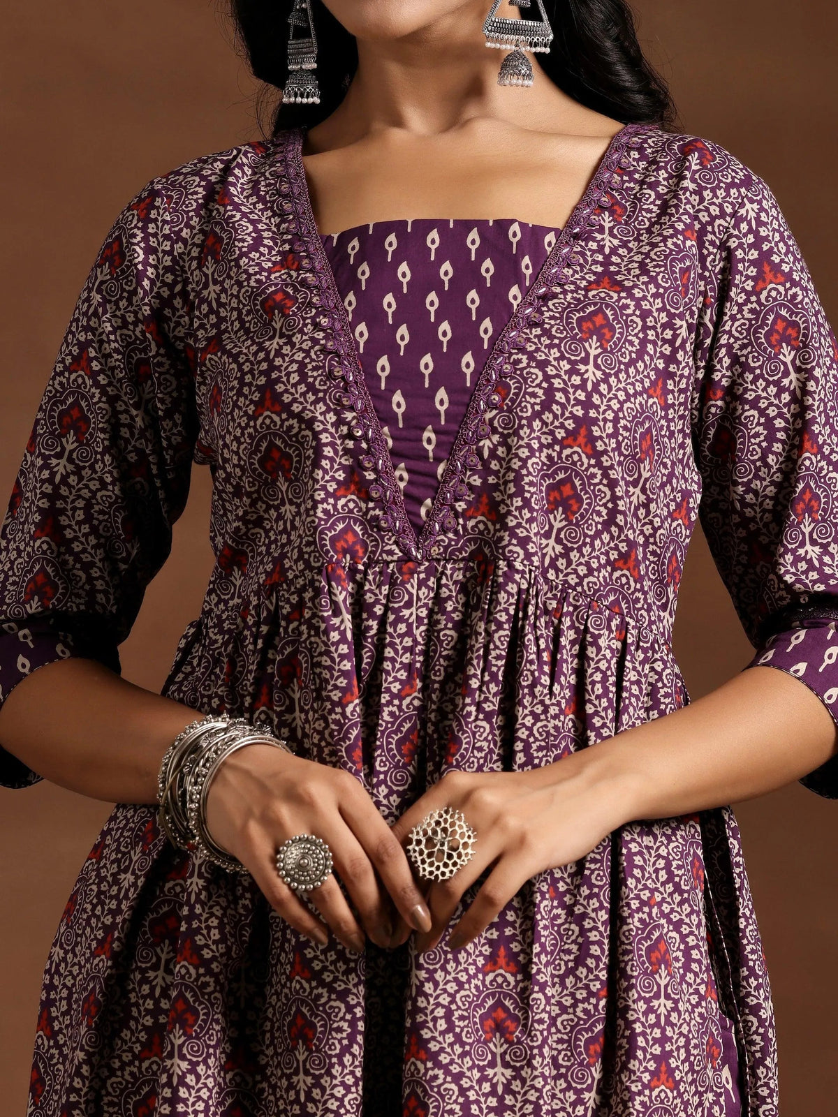 Libas Purple Printed Cotton A-Line Kurta With Palazzos