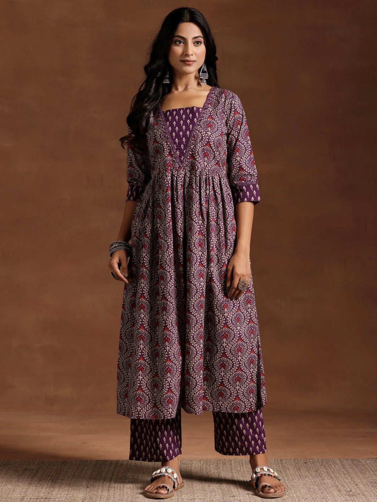 Libas Purple Printed Cotton A-Line Kurta With Palazzos