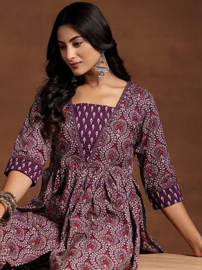 Libas Purple Printed Cotton A-Line Kurta With Palazzos