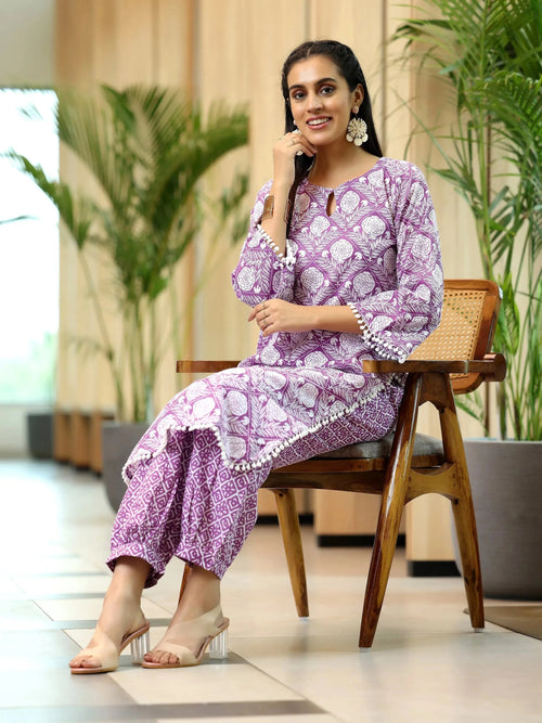 Libas Lavender Printed Cotton Pathani Kurta Set