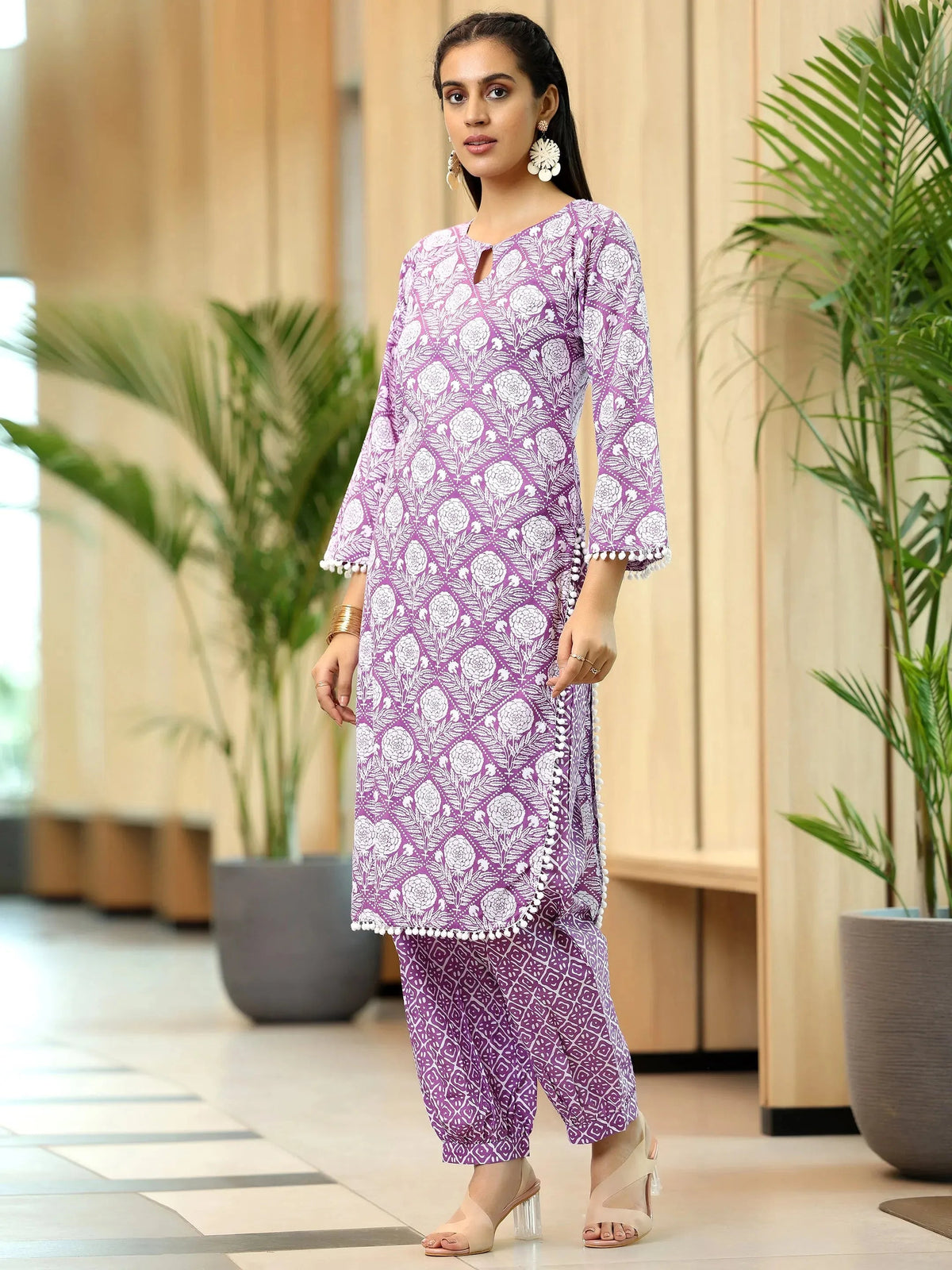 Libas Lavender Printed Cotton Pathani Kurta Set