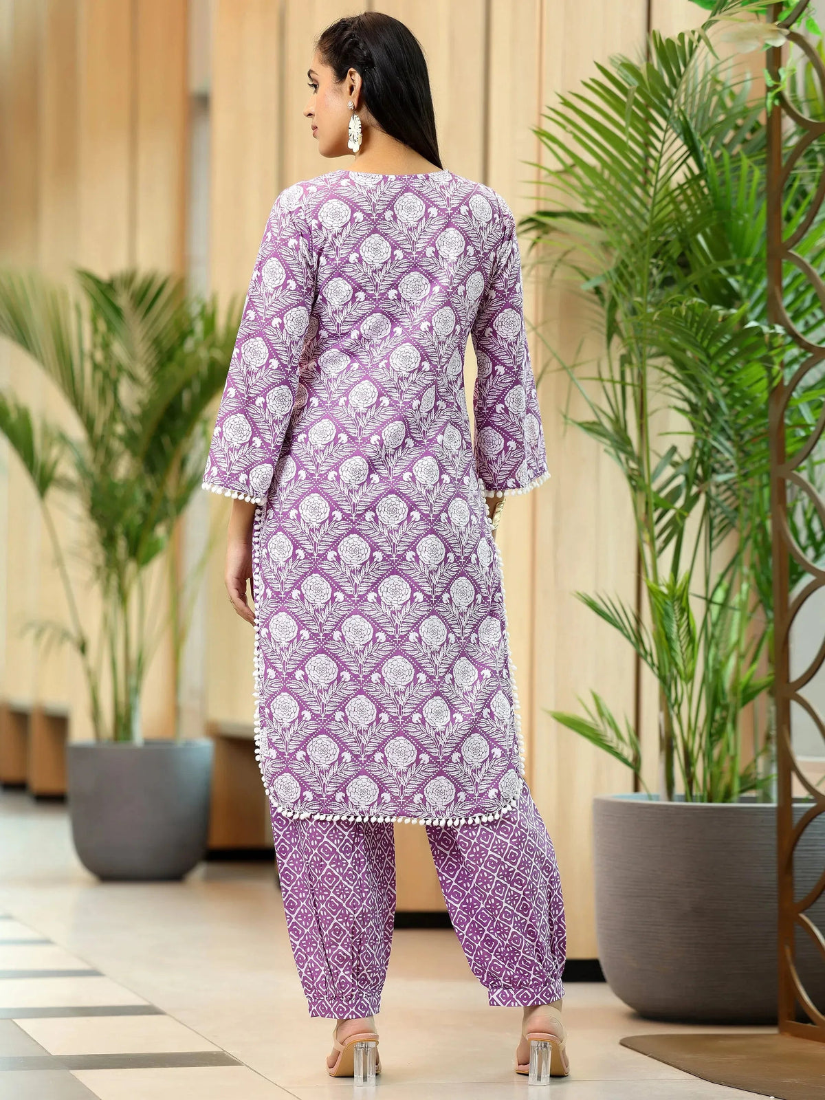 Libas Lavender Printed Cotton Pathani Kurta Set