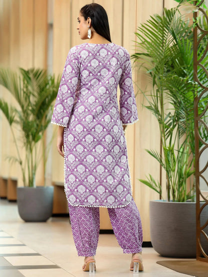 Libas Lavender Printed Cotton Pathani Kurta Set