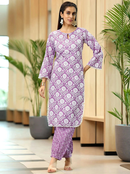 Libas Lavender Printed Cotton Pathani Kurta Set