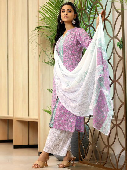 Libas Pink Printed Cotton Straight Suit With Dupatta