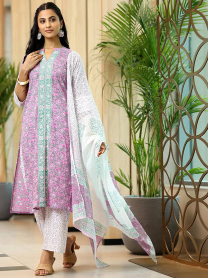 Libas Pink Printed Cotton Straight Suit With Dupatta