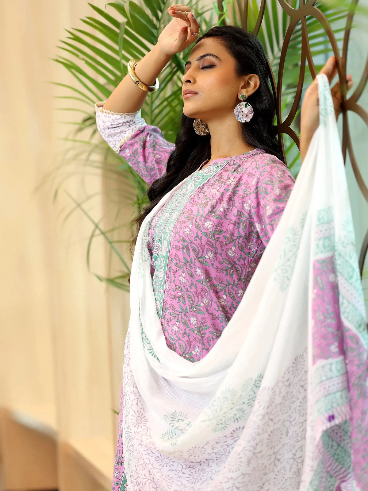 Libas Pink Printed Cotton Straight Suit With Dupatta