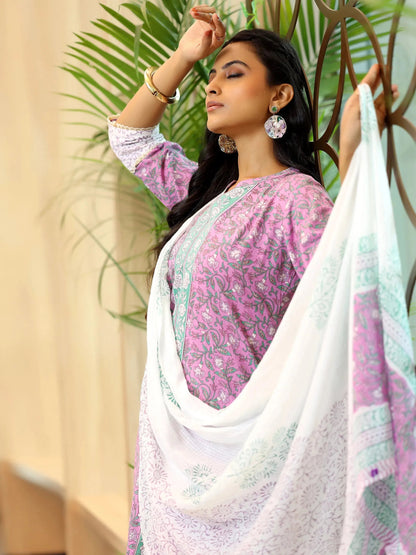 Libas Pink Printed Cotton Straight Suit With Dupatta
