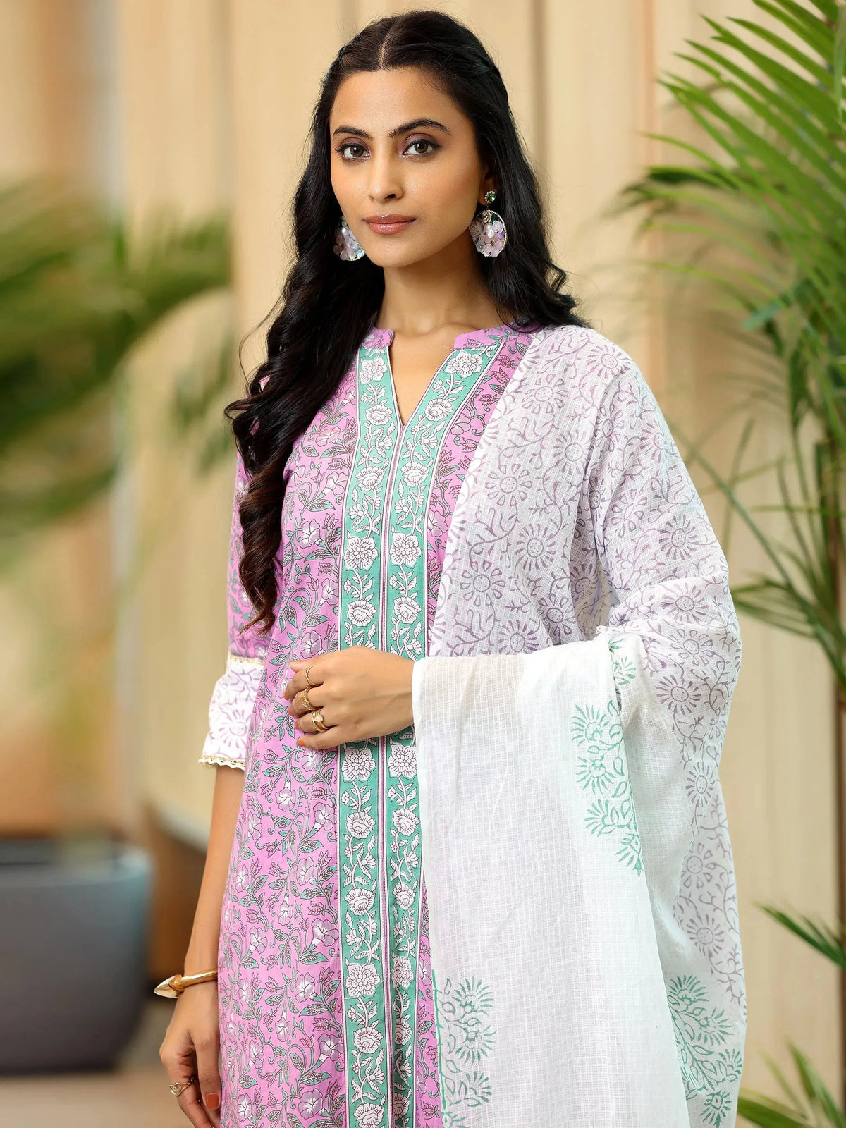 Libas Pink Printed Cotton Straight Suit With Dupatta