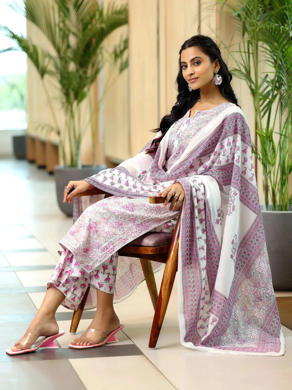 Libas Pink Printed Cotton Straight Suit With Dupatta