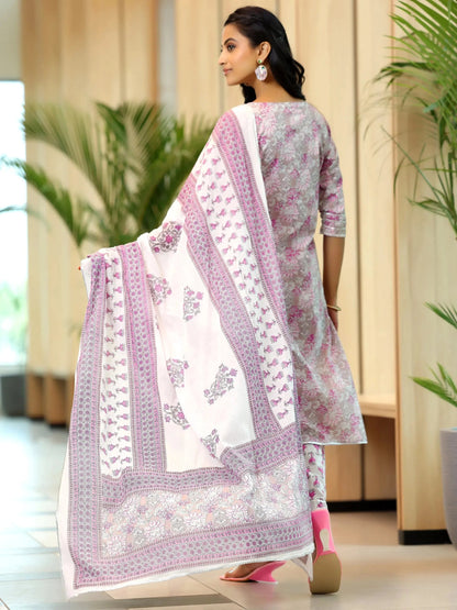 Libas Pink Printed Cotton Straight Suit With Dupatta