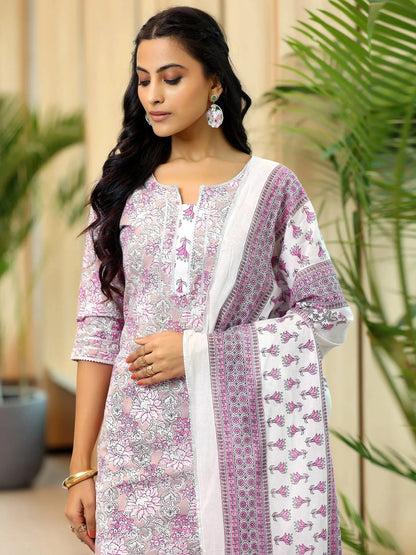 Libas Pink Printed Cotton Straight Suit With Dupatta