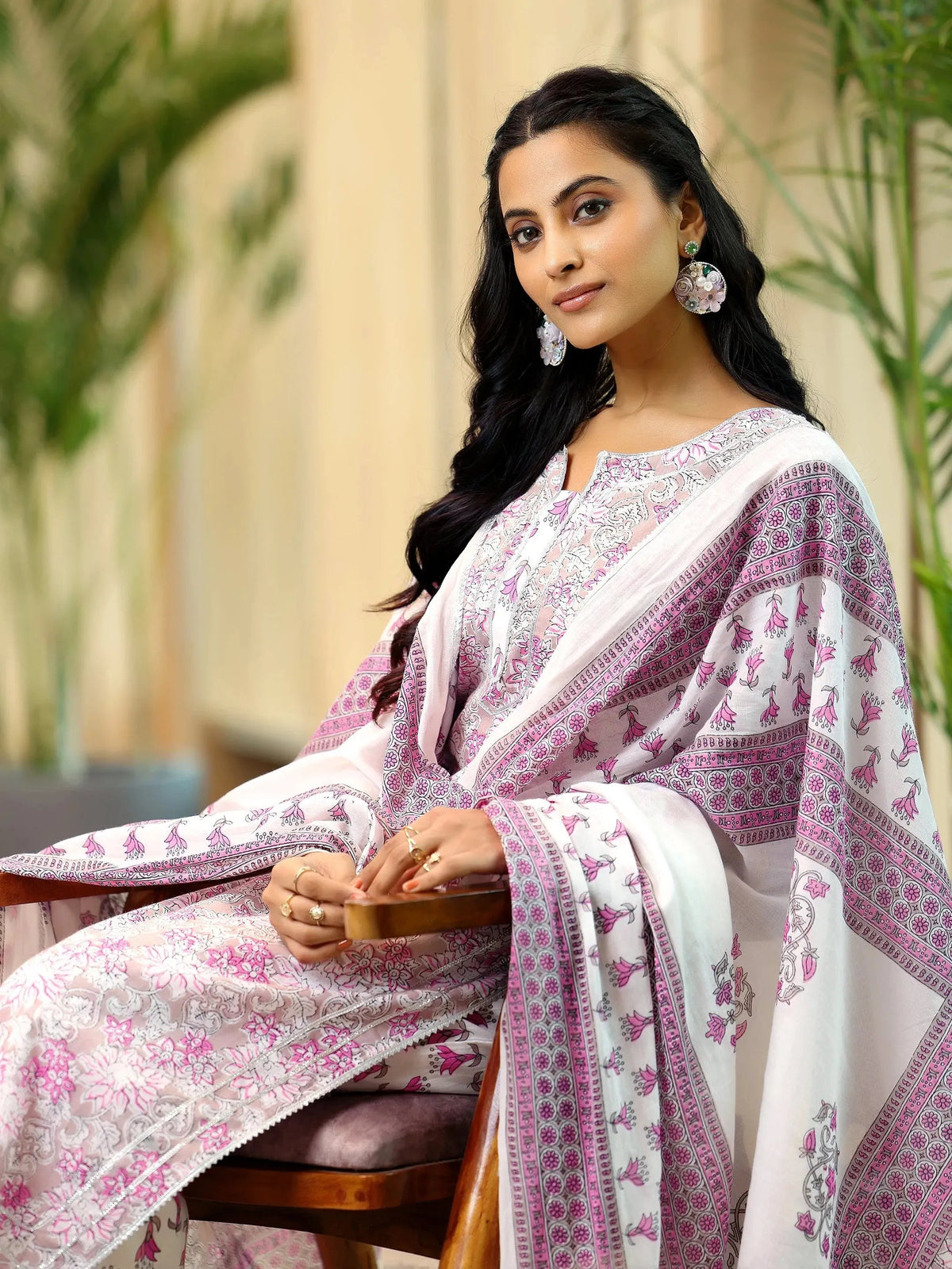 Libas Pink Printed Cotton Straight Suit With Dupatta