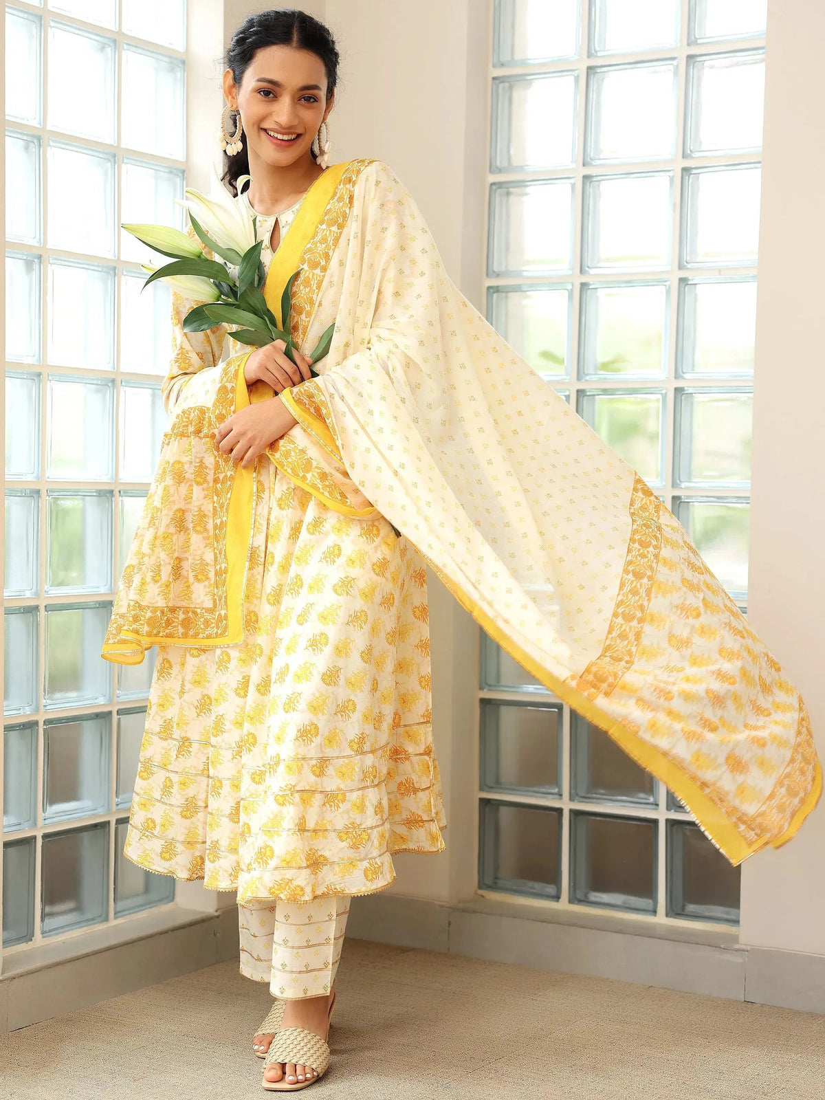 Libas Mustard Printed Cotton Anarkali Suit With Dupatta