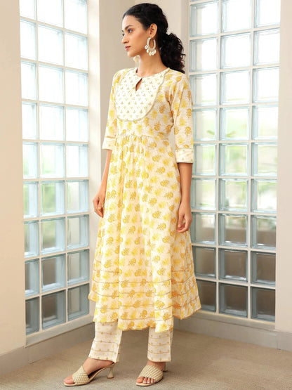 Libas Mustard Printed Cotton Anarkali Suit With Dupatta