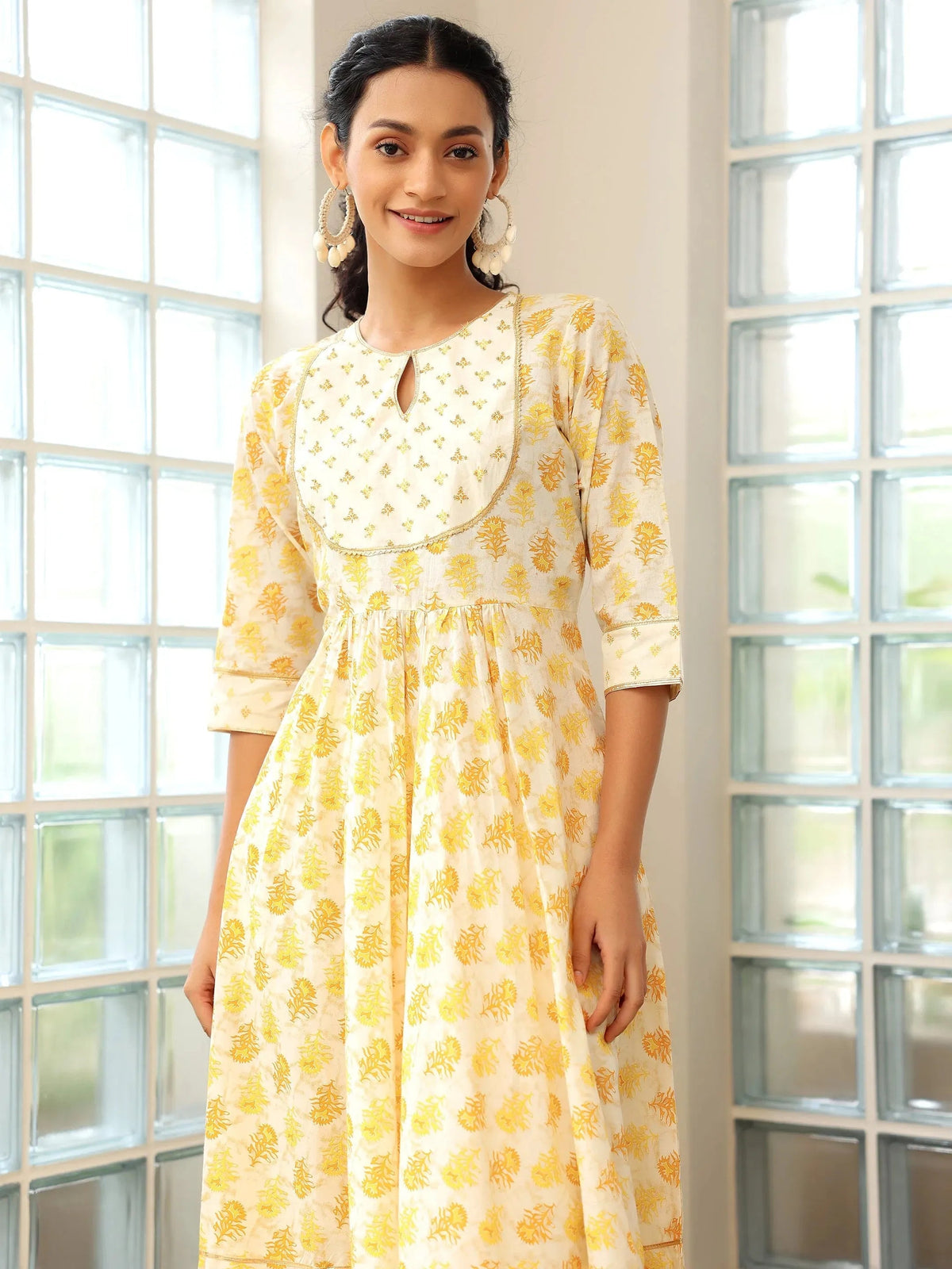 Libas Mustard Printed Cotton Anarkali Suit With Dupatta