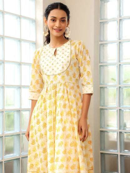 Libas Mustard Printed Cotton Anarkali Suit With Dupatta