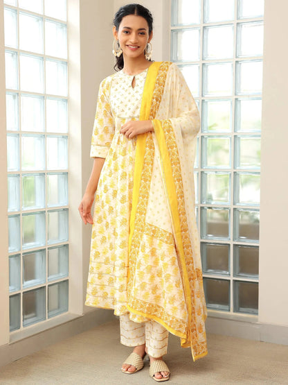 Libas Mustard Printed Cotton Anarkali Suit With Dupatta