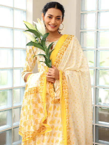 Libas Mustard Printed Cotton Anarkali Suit With Dupatta