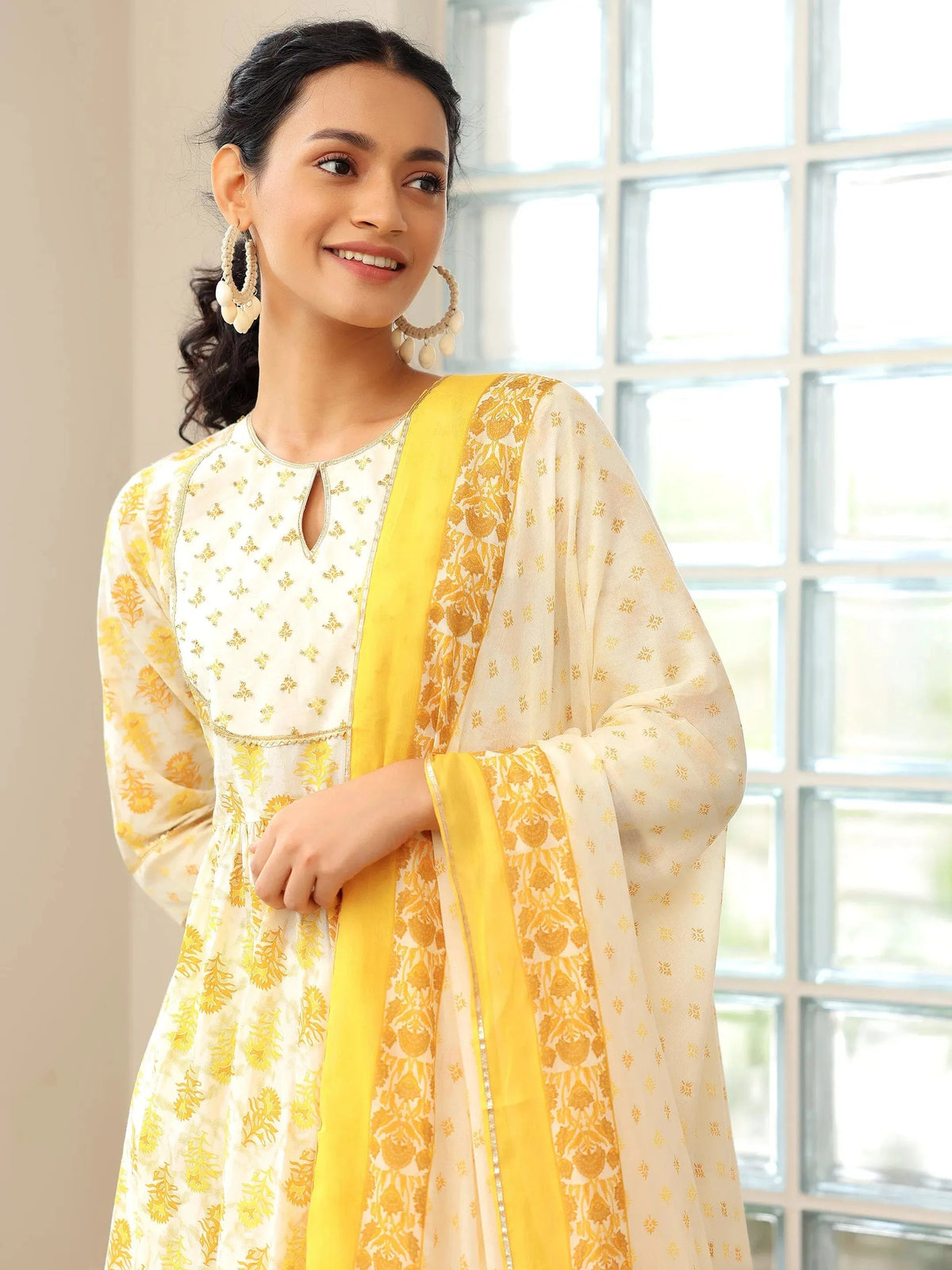 Libas Mustard Printed Cotton Anarkali Suit With Dupatta