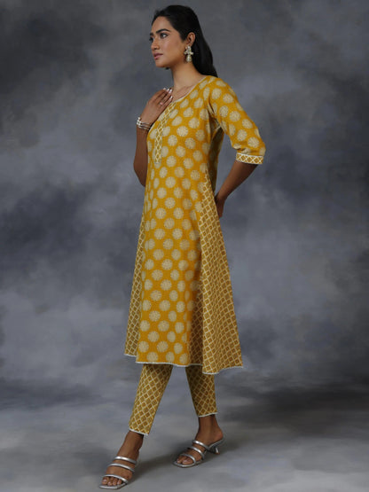 Libas Mustard Printed Cotton A-Line Kurta With Trousers & Dupatta