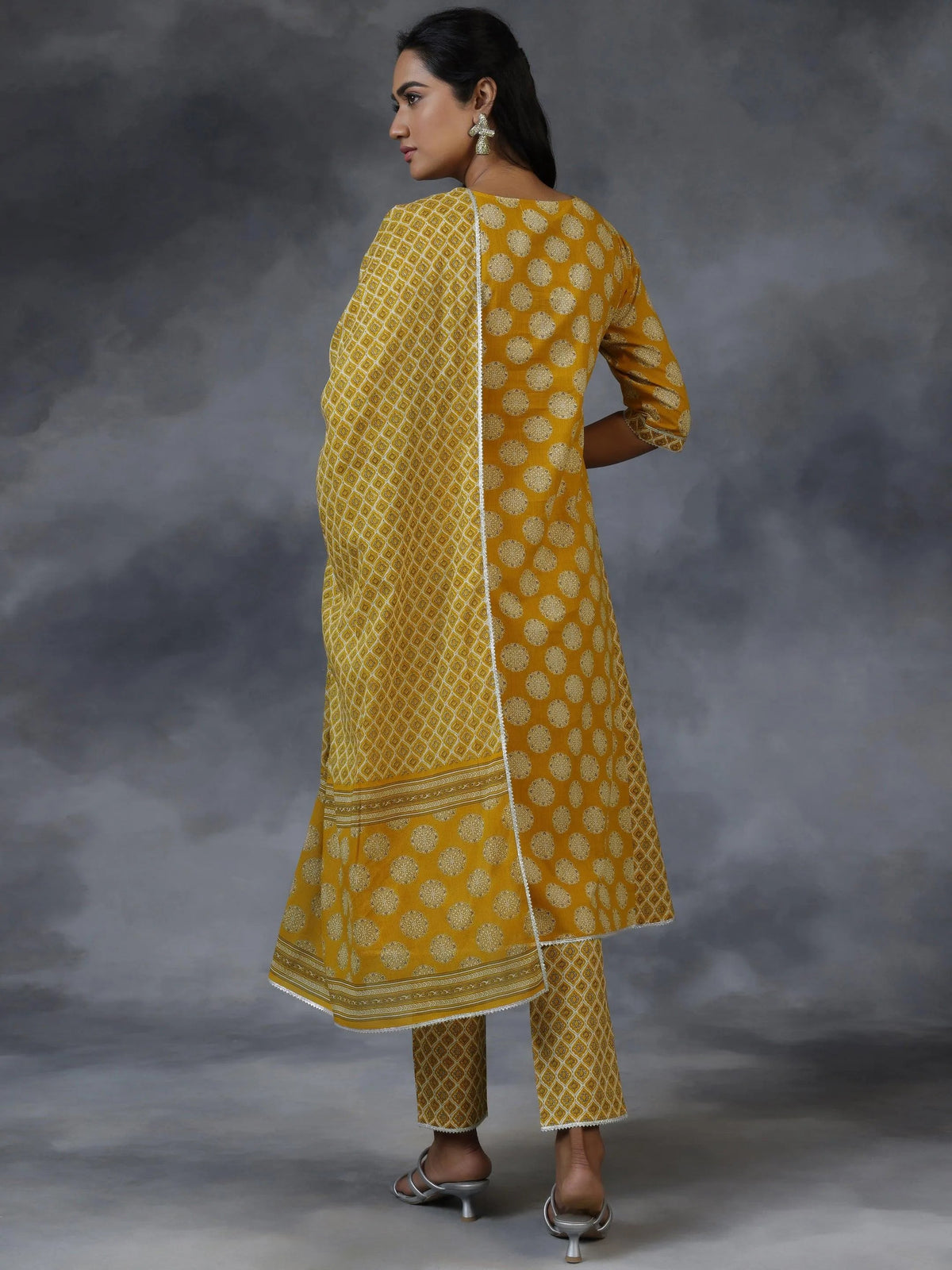 Libas Mustard Printed Cotton A-Line Kurta With Trousers & Dupatta