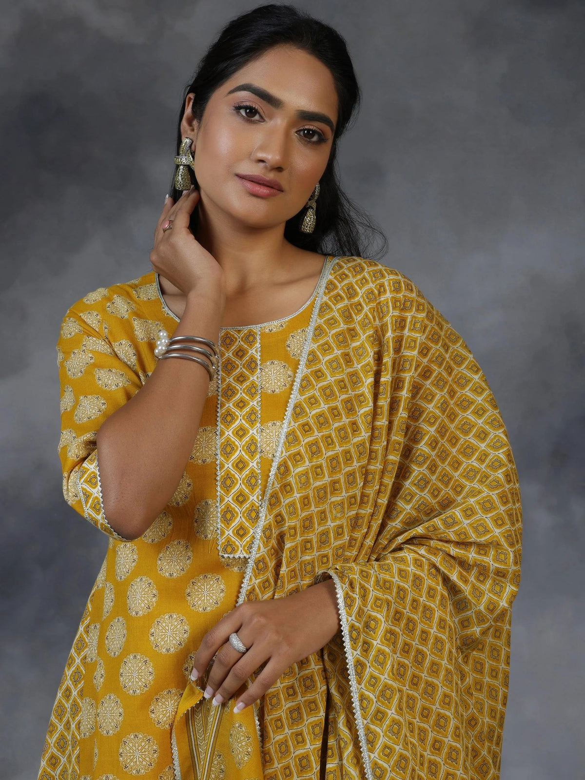 Libas Mustard Printed Cotton A-Line Kurta With Trousers & Dupatta