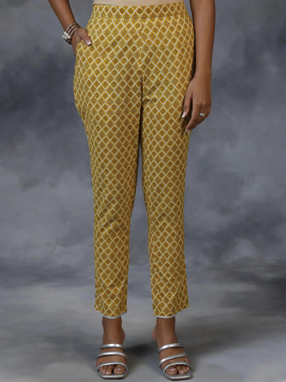 Libas Mustard Printed Cotton A-Line Kurta With Trousers & Dupatta
