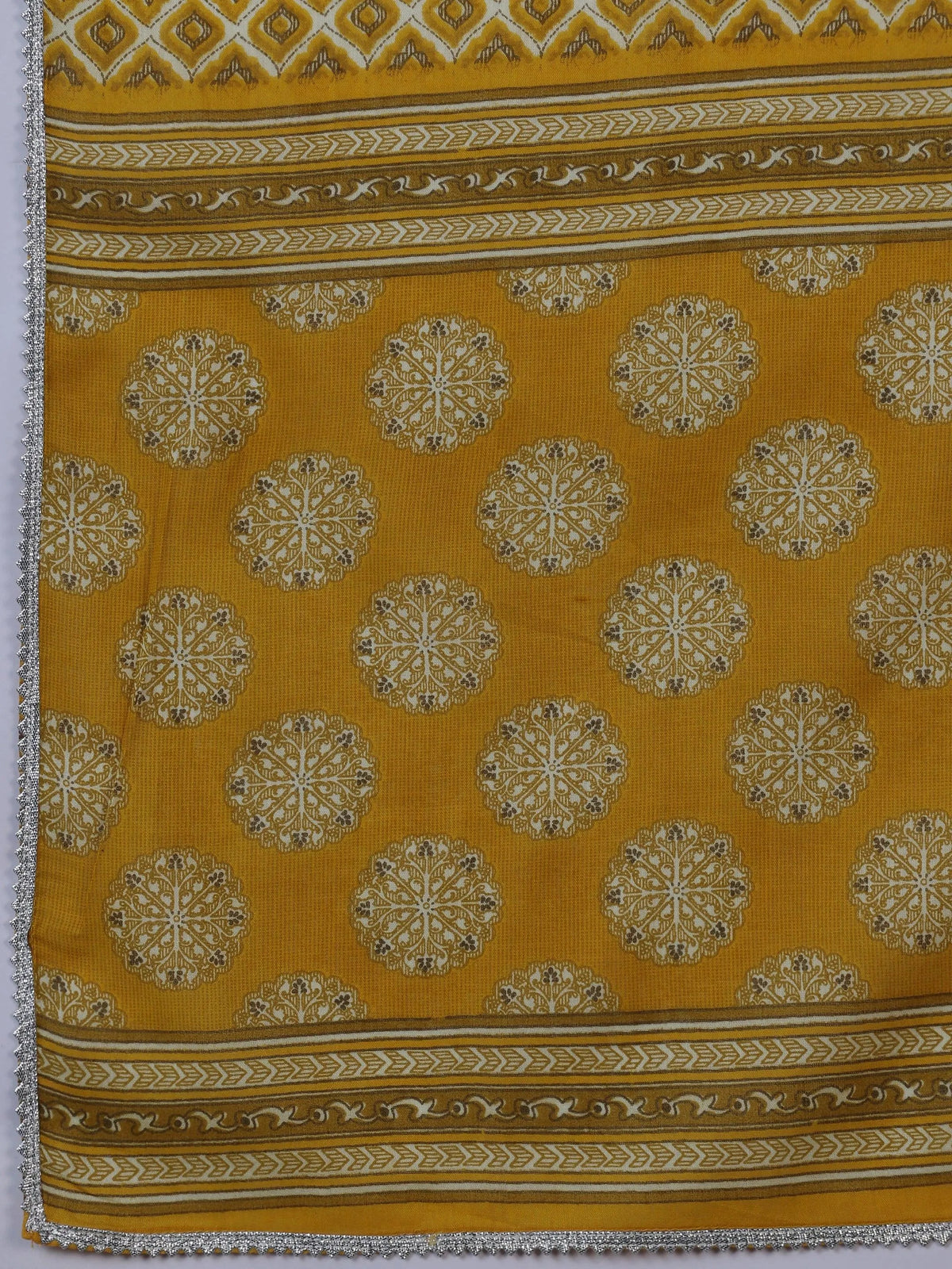 Libas Mustard Printed Cotton A-Line Kurta With Trousers & Dupatta
