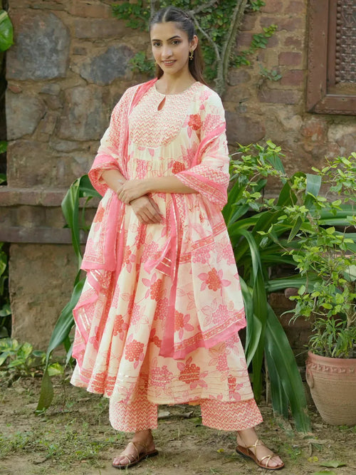 Libas Orange Printed Cotton Anarkali Suit With Dupatta