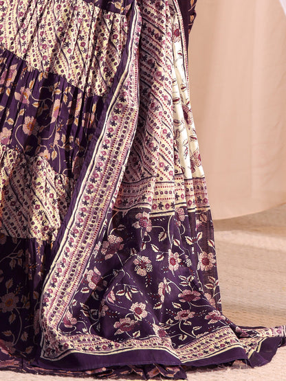 Libas Purple Printed Cotton A-Line Kurta With Churidar & Dupatta