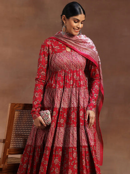 Libas Pink Printed Cotton A-Line Kurta With Churidar & Dupatta