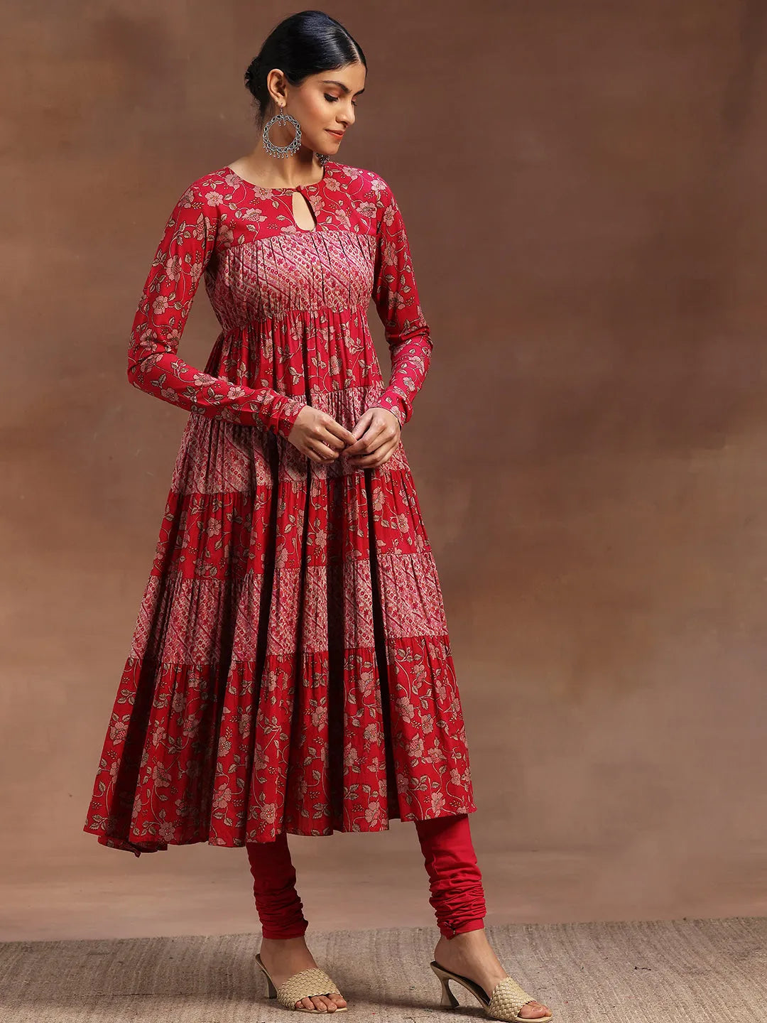 Libas Pink Printed Cotton A-Line Kurta With Churidar & Dupatta