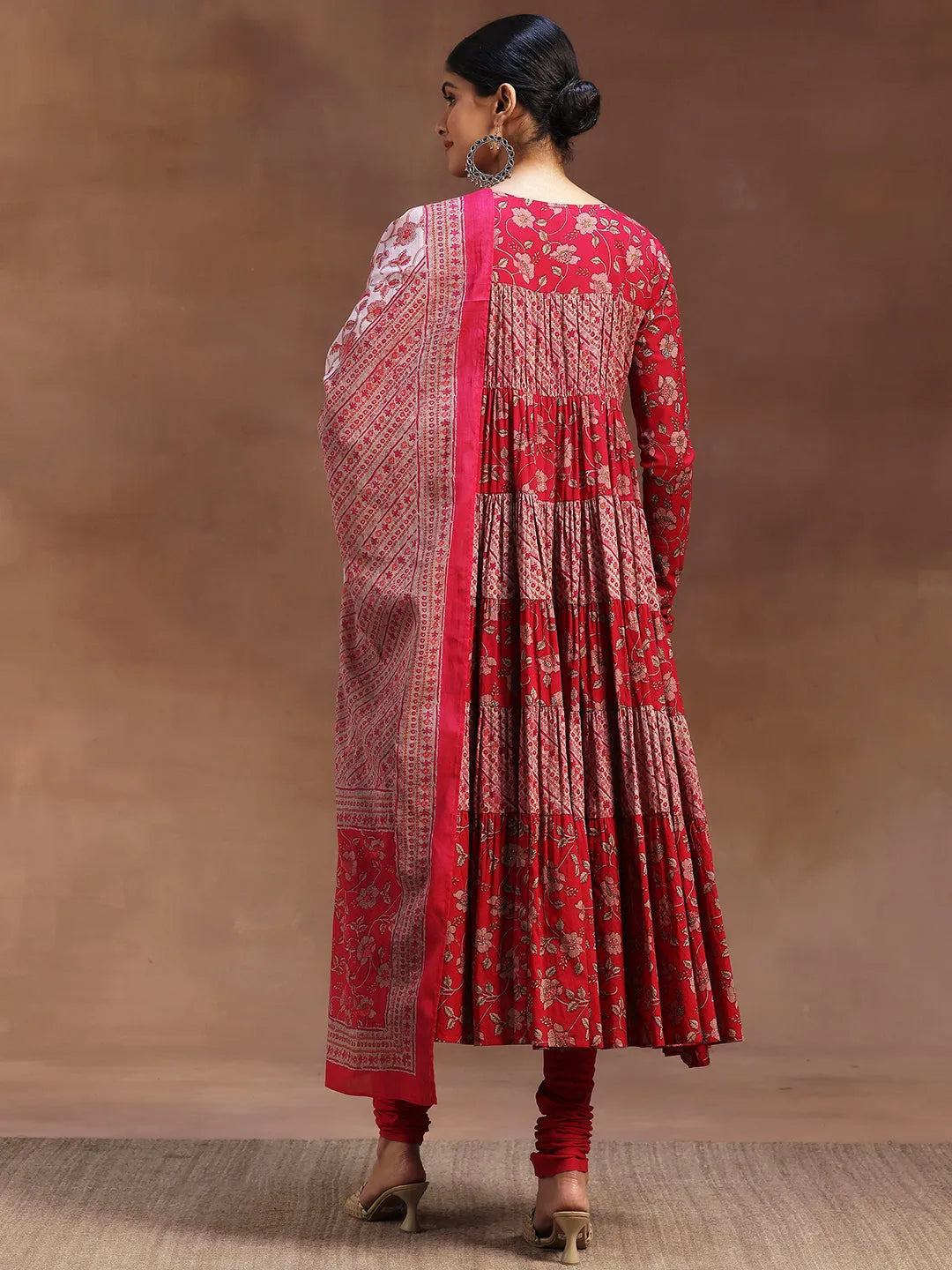 Libas Pink Printed Cotton A-Line Kurta With Churidar & Dupatta