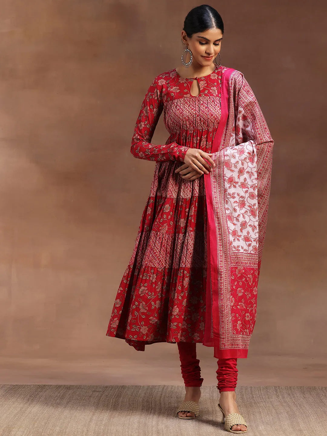 Libas Pink Printed Cotton A-Line Kurta With Churidar & Dupatta