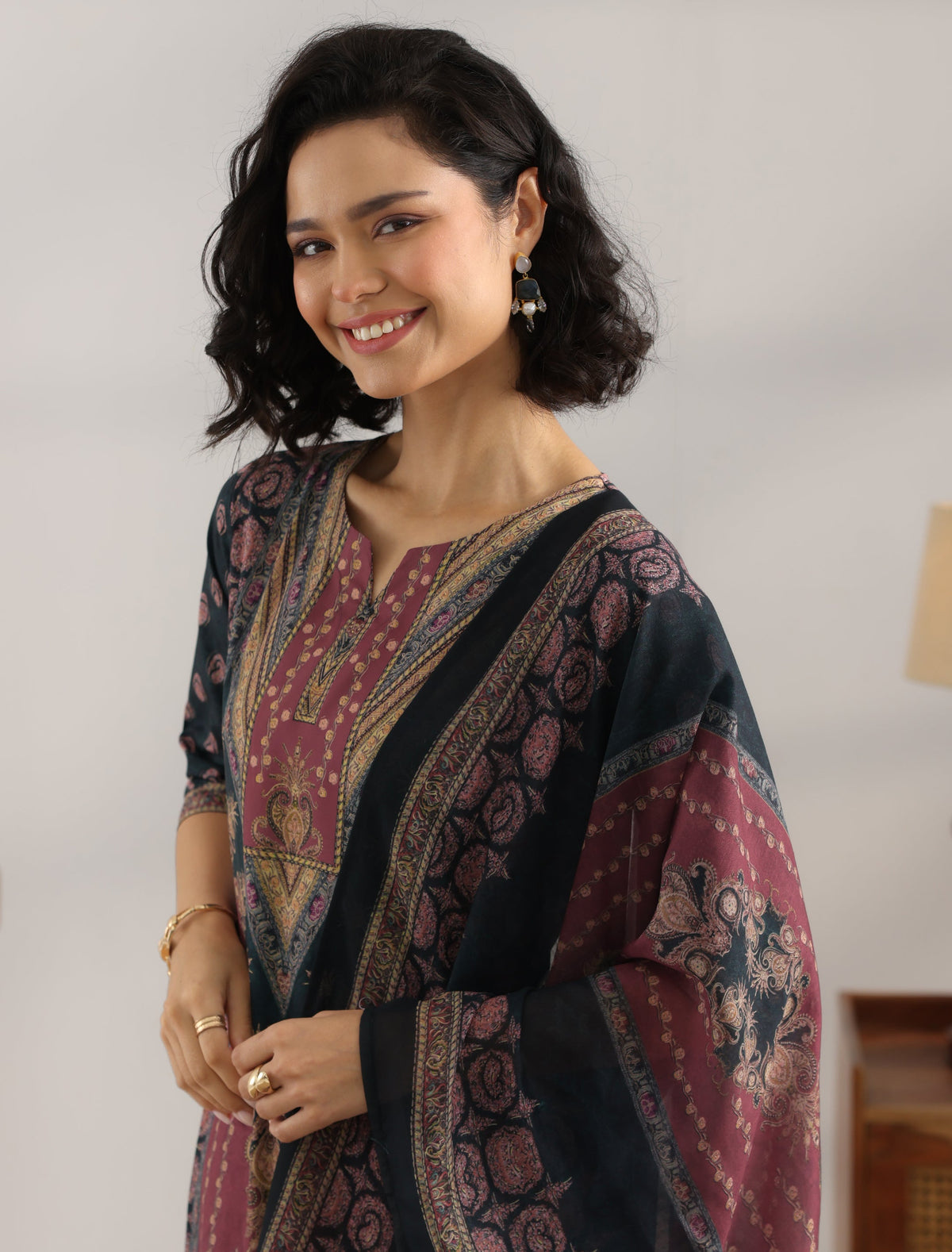 Libas Black Printed Crepe Straight Suit With Dupatta