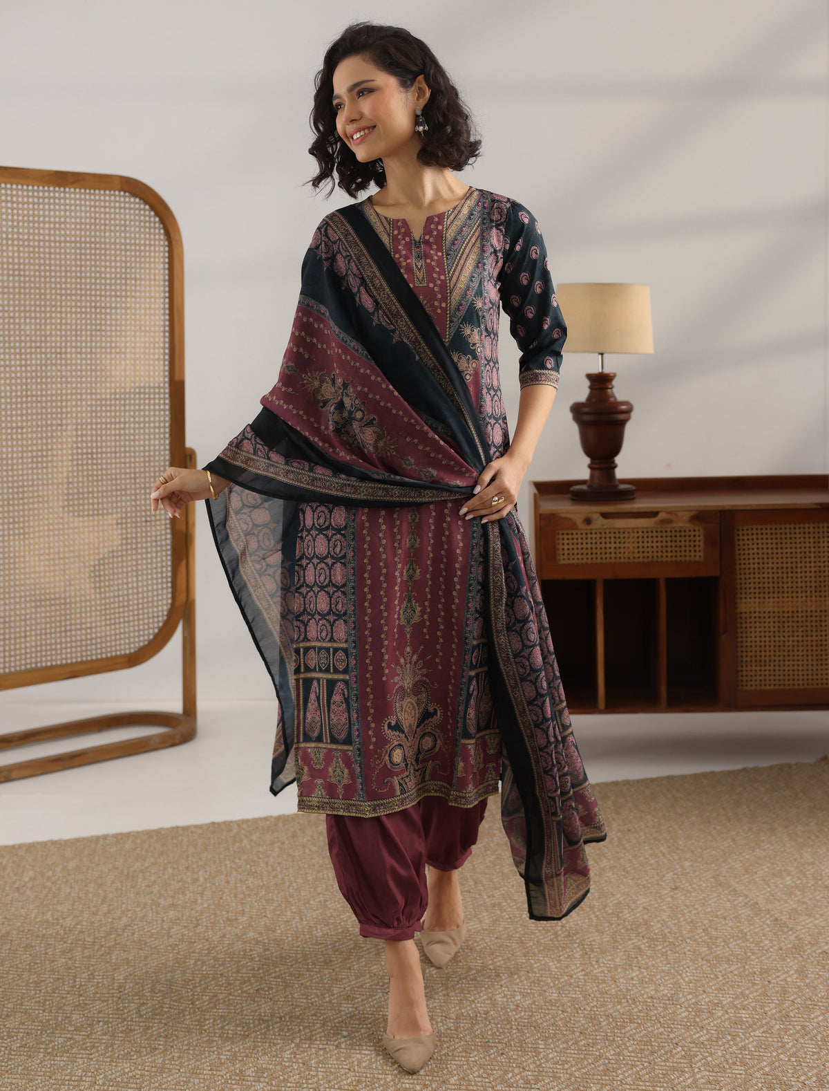 Libas Black Printed Crepe Straight Suit With Dupatta