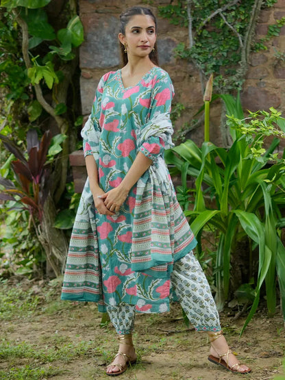 Gerua Turquoise Printed Cotton Blend Straight Suit With Dupatta