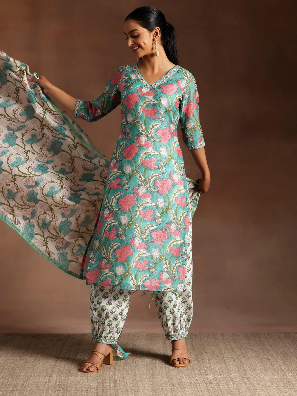 Gerua Turquoise Printed Cotton Blend Straight Suit With Dupatta