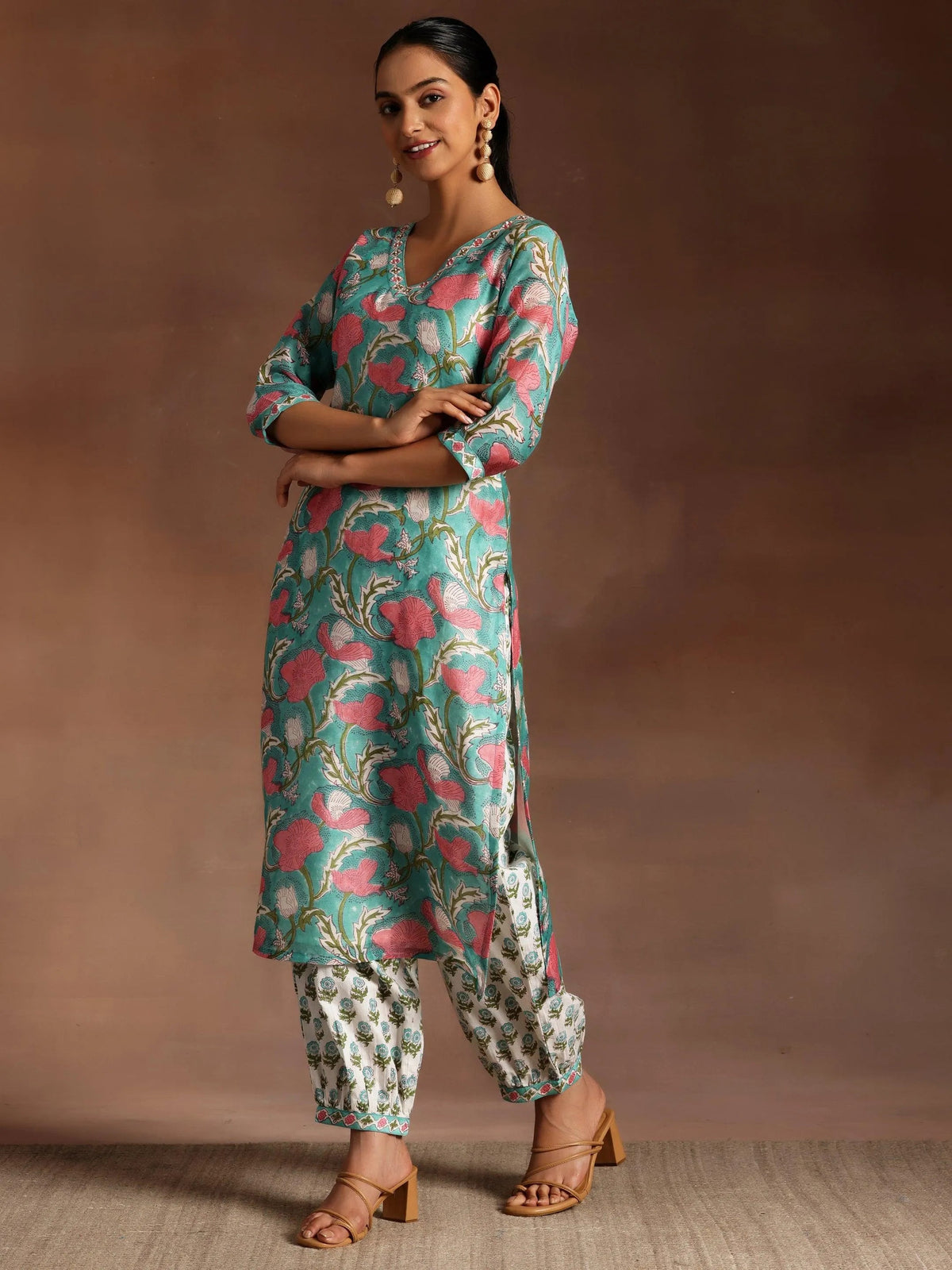 Gerua Turquoise Printed Cotton Blend Straight Suit With Dupatta