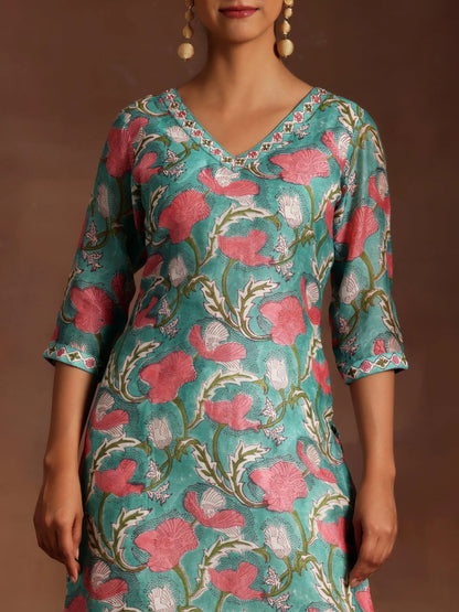 Gerua Turquoise Printed Cotton Blend Straight Suit With Dupatta